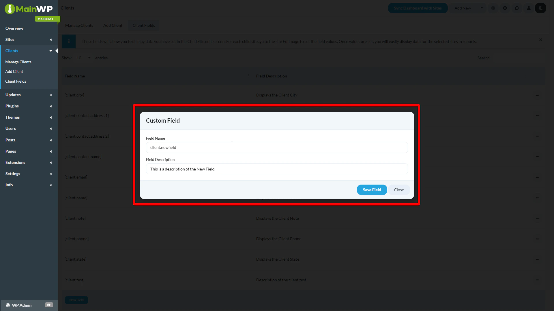 New Field form with Field Name and Description input fields