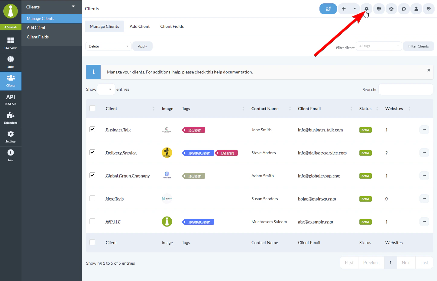 Page Settings cog icon in the top right corner