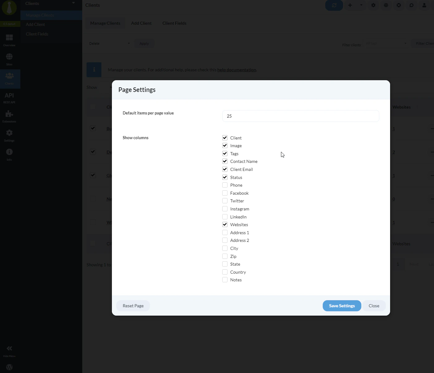 Page Settings dialog with column visibility and items per page options