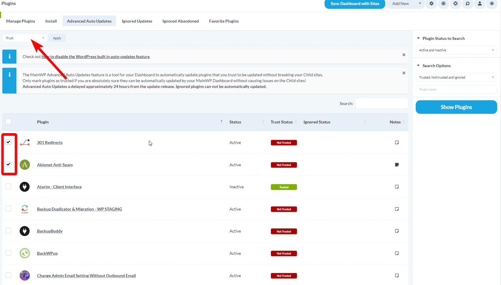 Plugins Auto Updates page showing plugin list with checkboxes and Bulk Actions dropdown