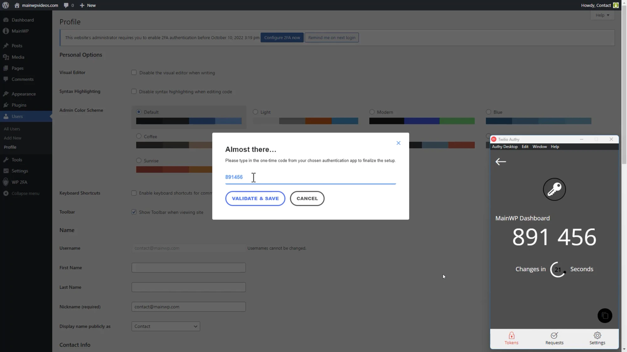 Authy plugin settings confirmation