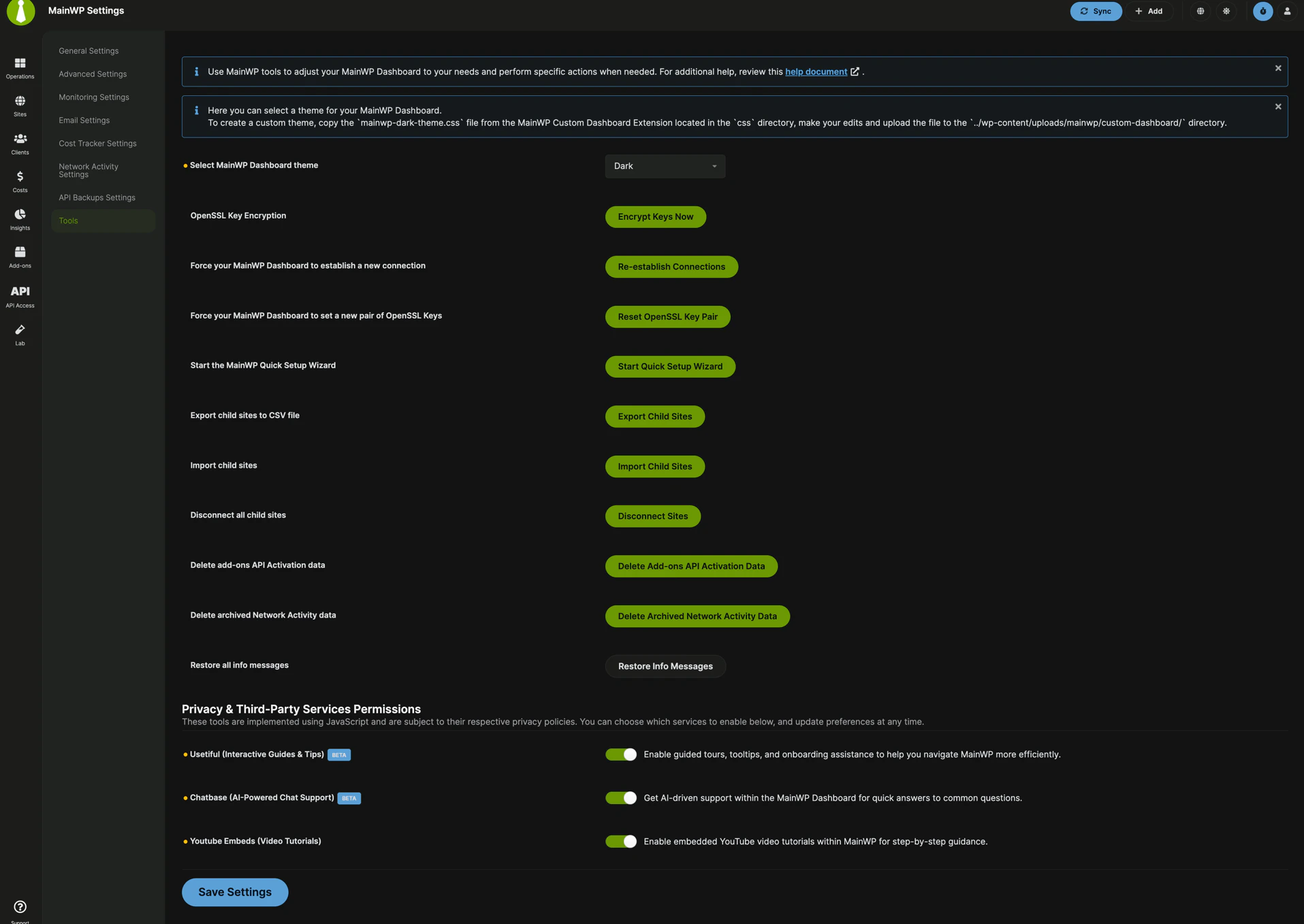 MainWP Tools section showing theme selection and various utility options