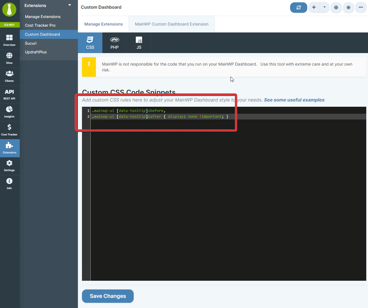 Custom Dashboard extension CSS tab with code snippet