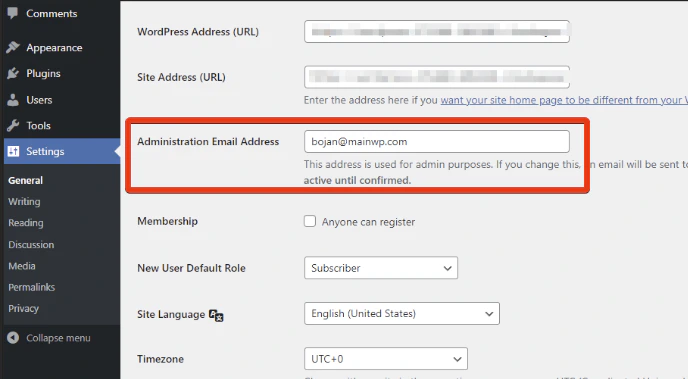 WordPress General Settings page showing the Administration Email Address field