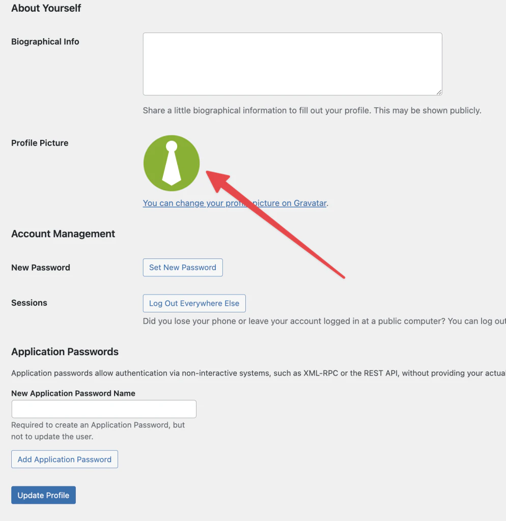 Profile picture in the WP Admin > Users profile page.