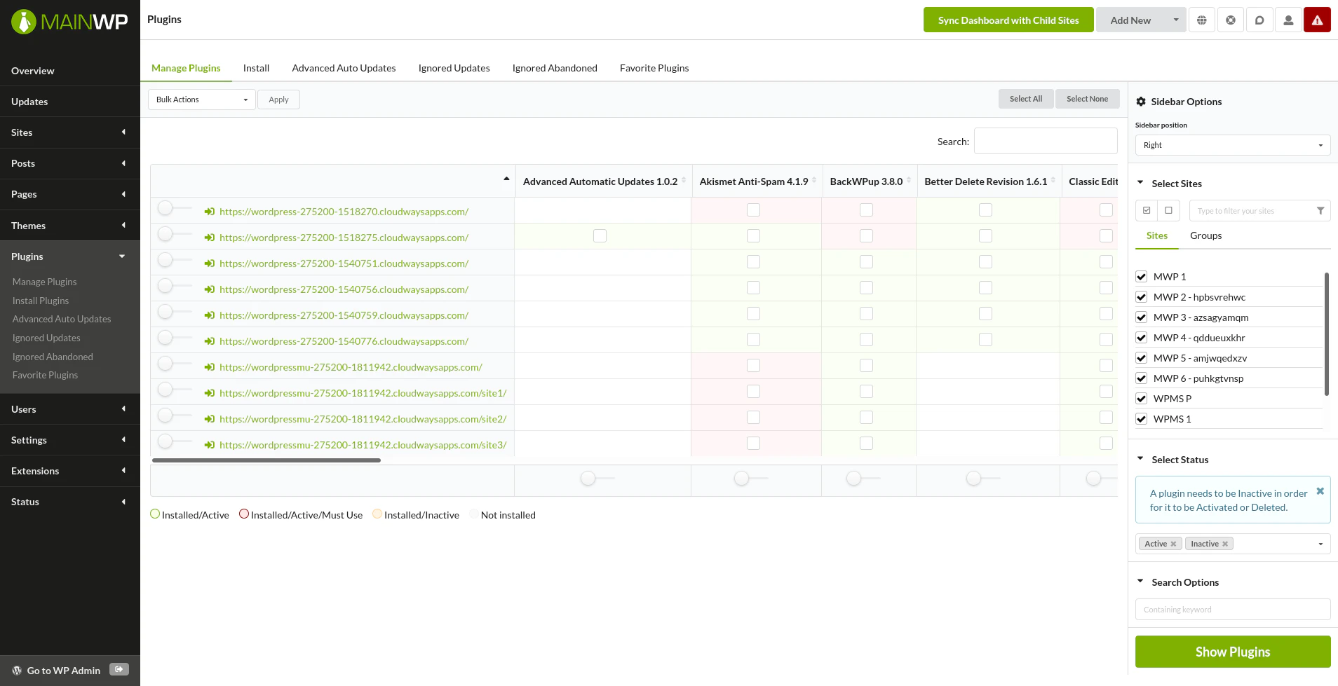 MainWP Dashboard with sidebar positioned on the right