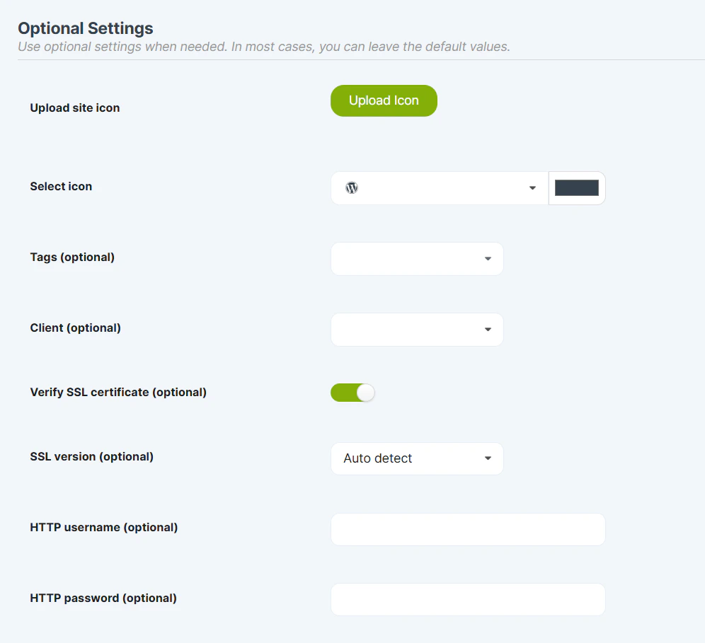 Optional Settings section