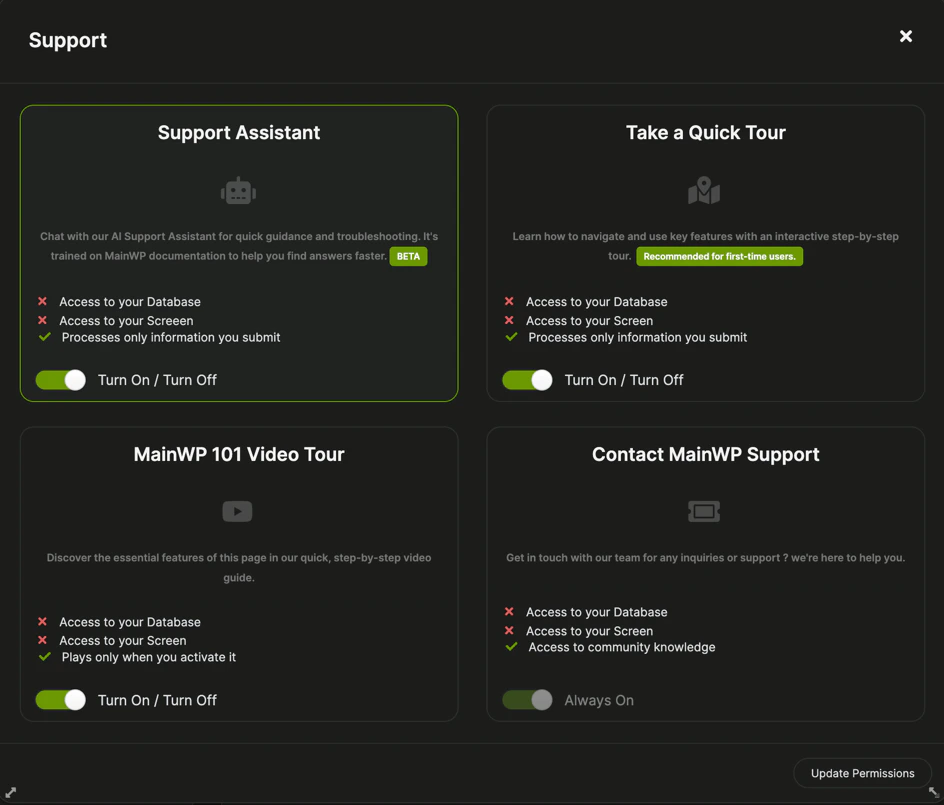 MainWP Support modal showing Support Assistant, Quick Tour, Video Tour, and Contact Support options