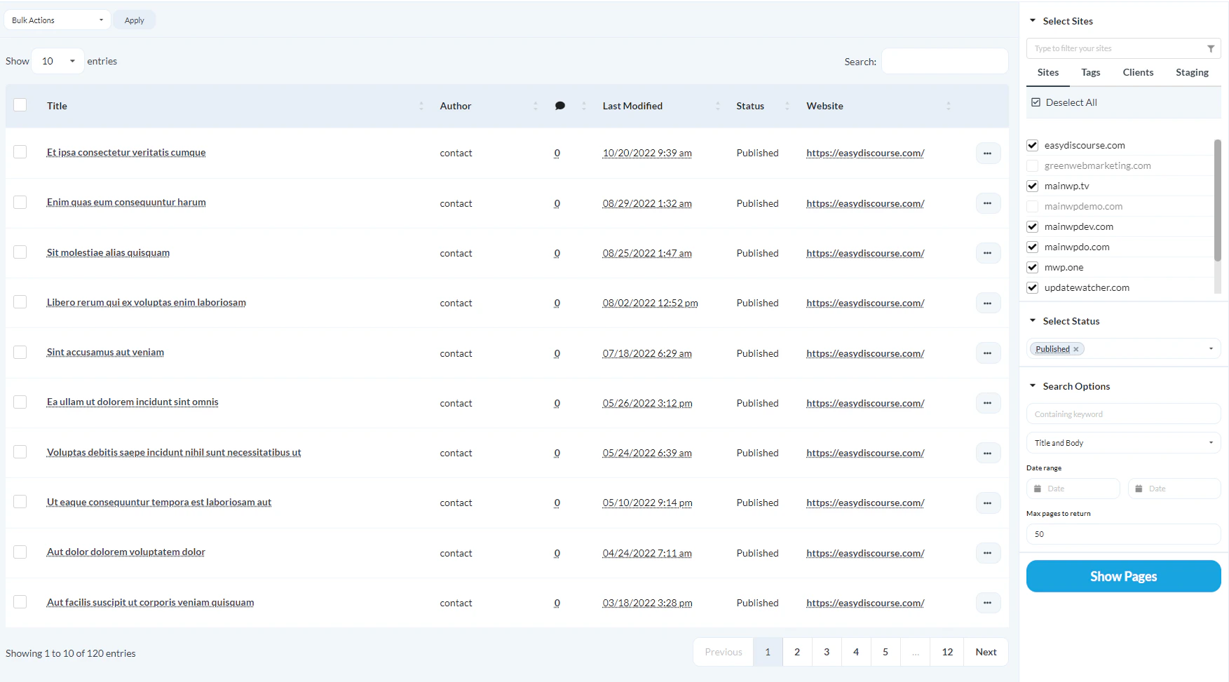 Go to MainWP > Sites > Content Operations > Manage Pages