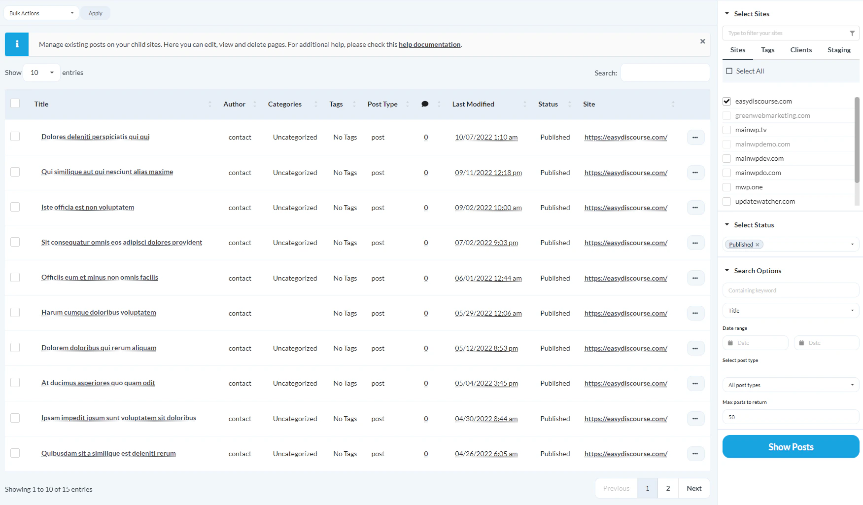 Go to MainWP > Sites > Content Operations > Manage Posts