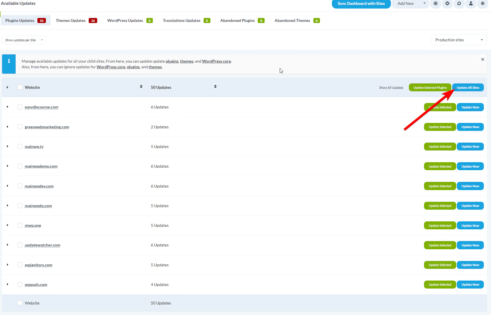 Update All Plugins button on the Updates page