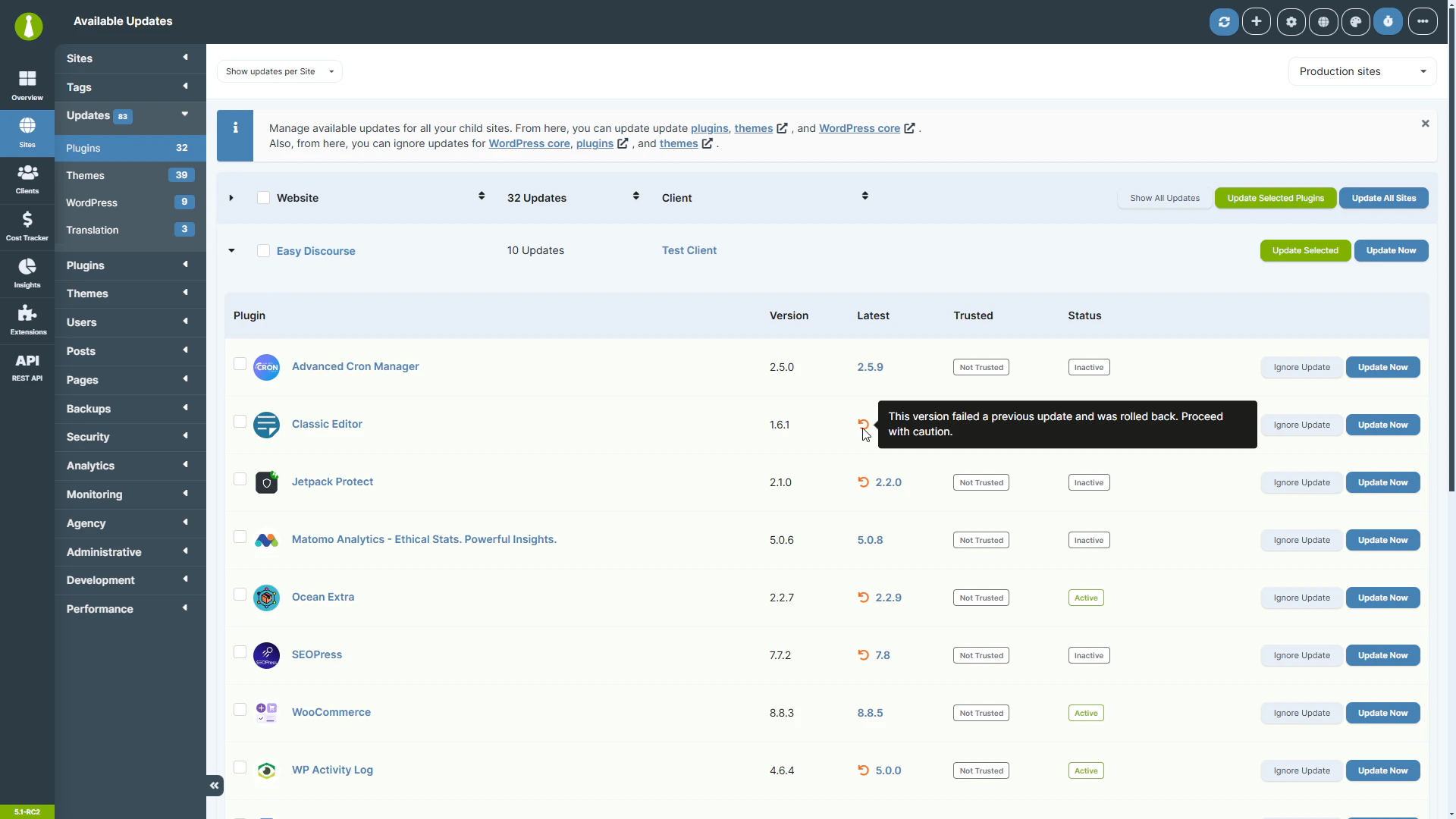 Shows the rollback feature in action after a failed plugin update.