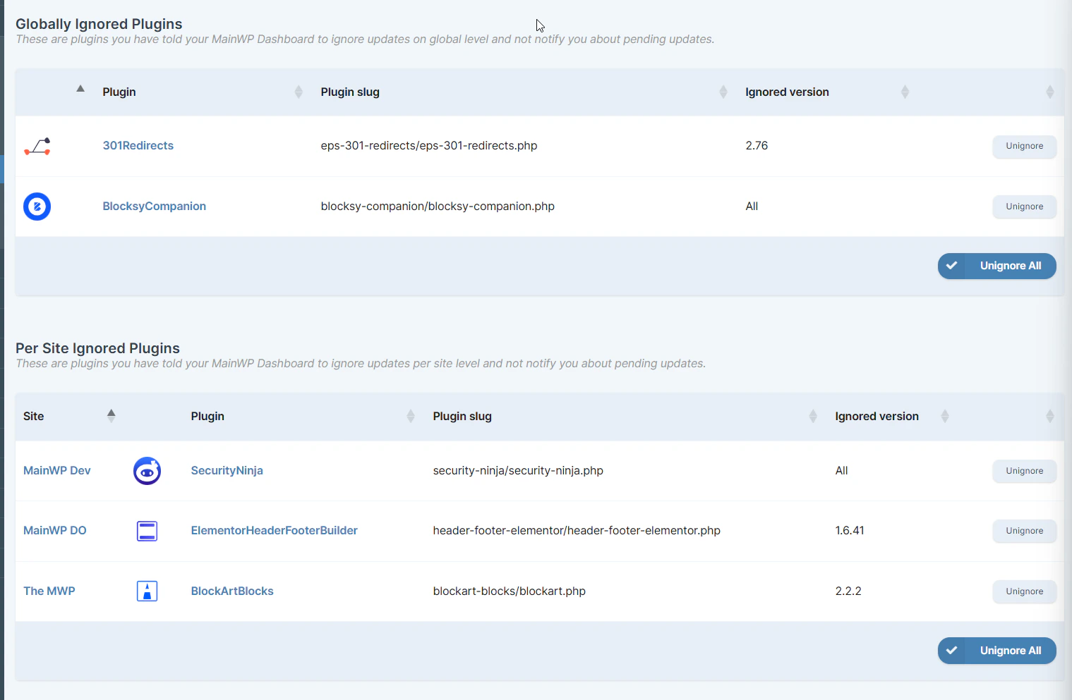 Plugins Ignored Updates table showing Unignore button in a plugin row