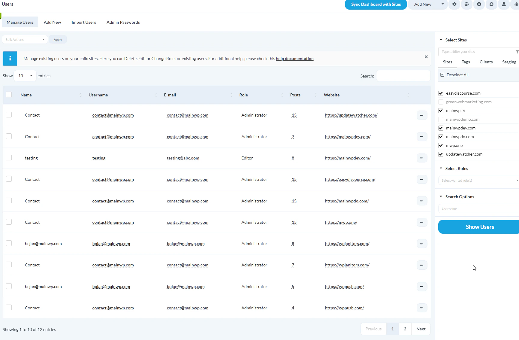 Go to the MainWP > Users > Manage Users page
