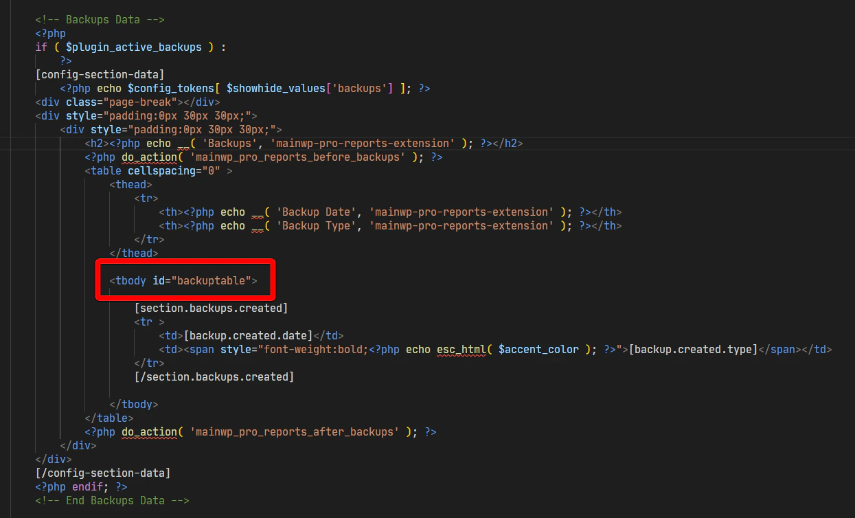 PHP template with CSS ID attached to backup table body