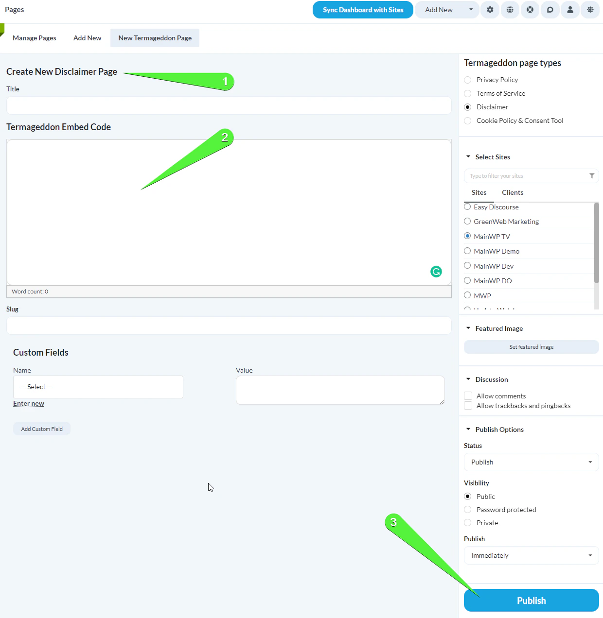 Policy page editor with title field, embed code, and Publish button