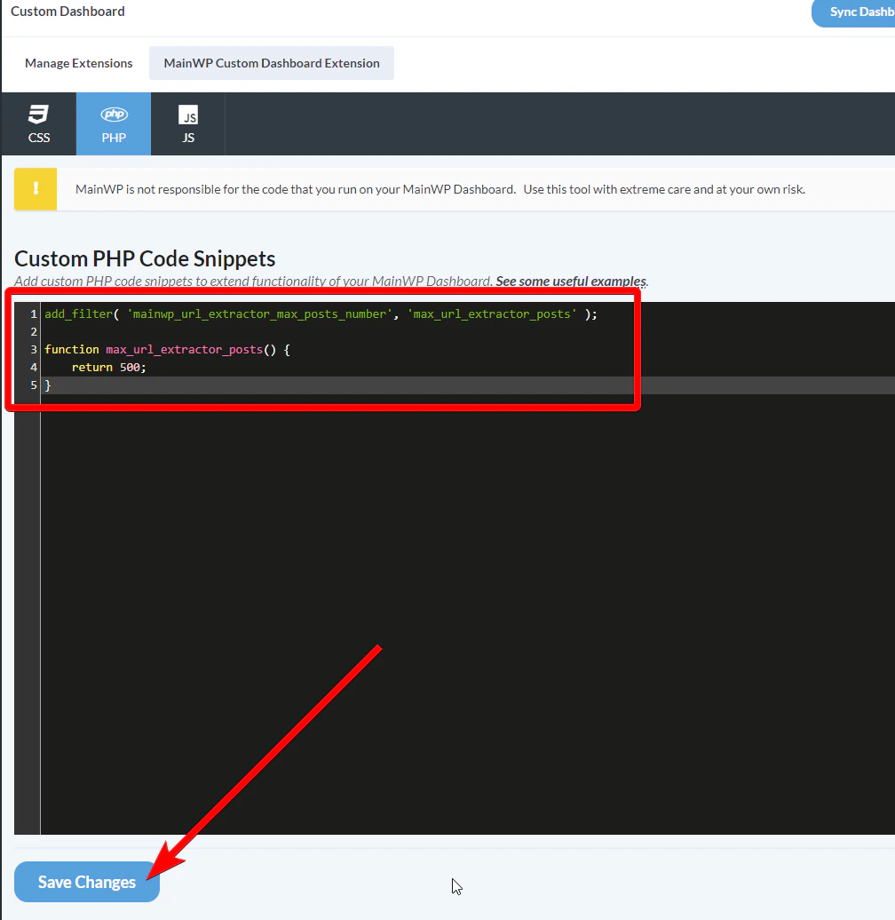 Custom Dashboard PHP tab with code snippet for max posts
