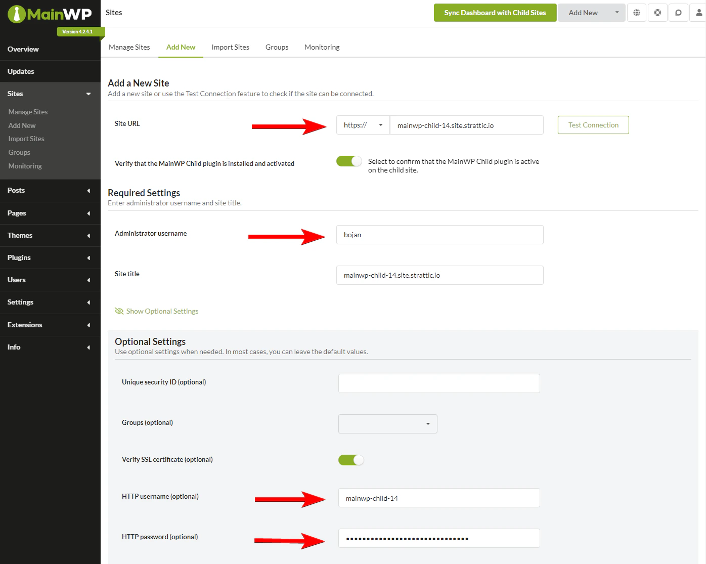 MainWP Add Site form with HTTP authentication fields
