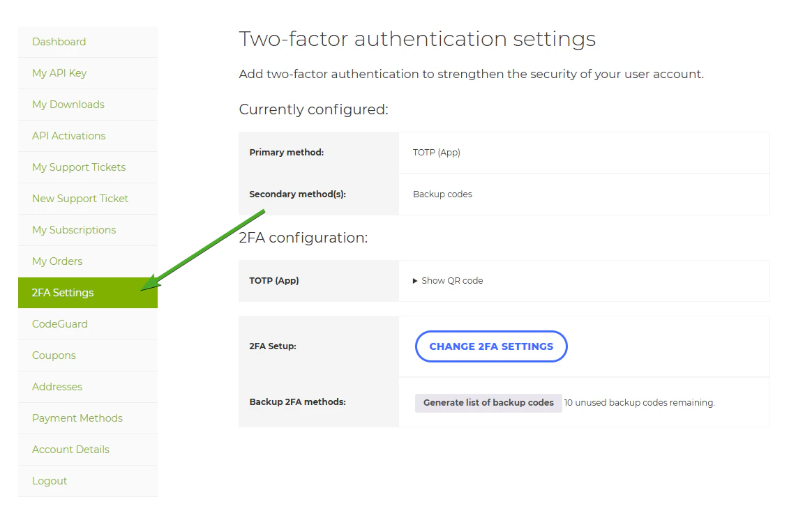 MainWP.com account page with 2FA Settings navigation