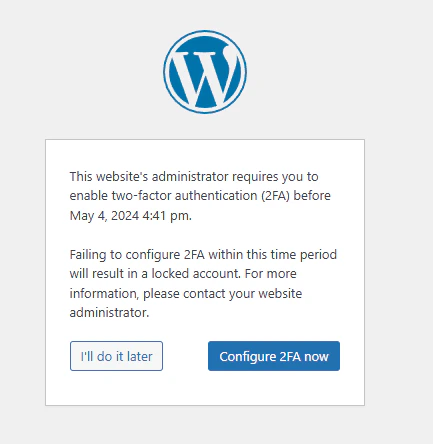 MainWP.com account notice prompting 2FA configuration