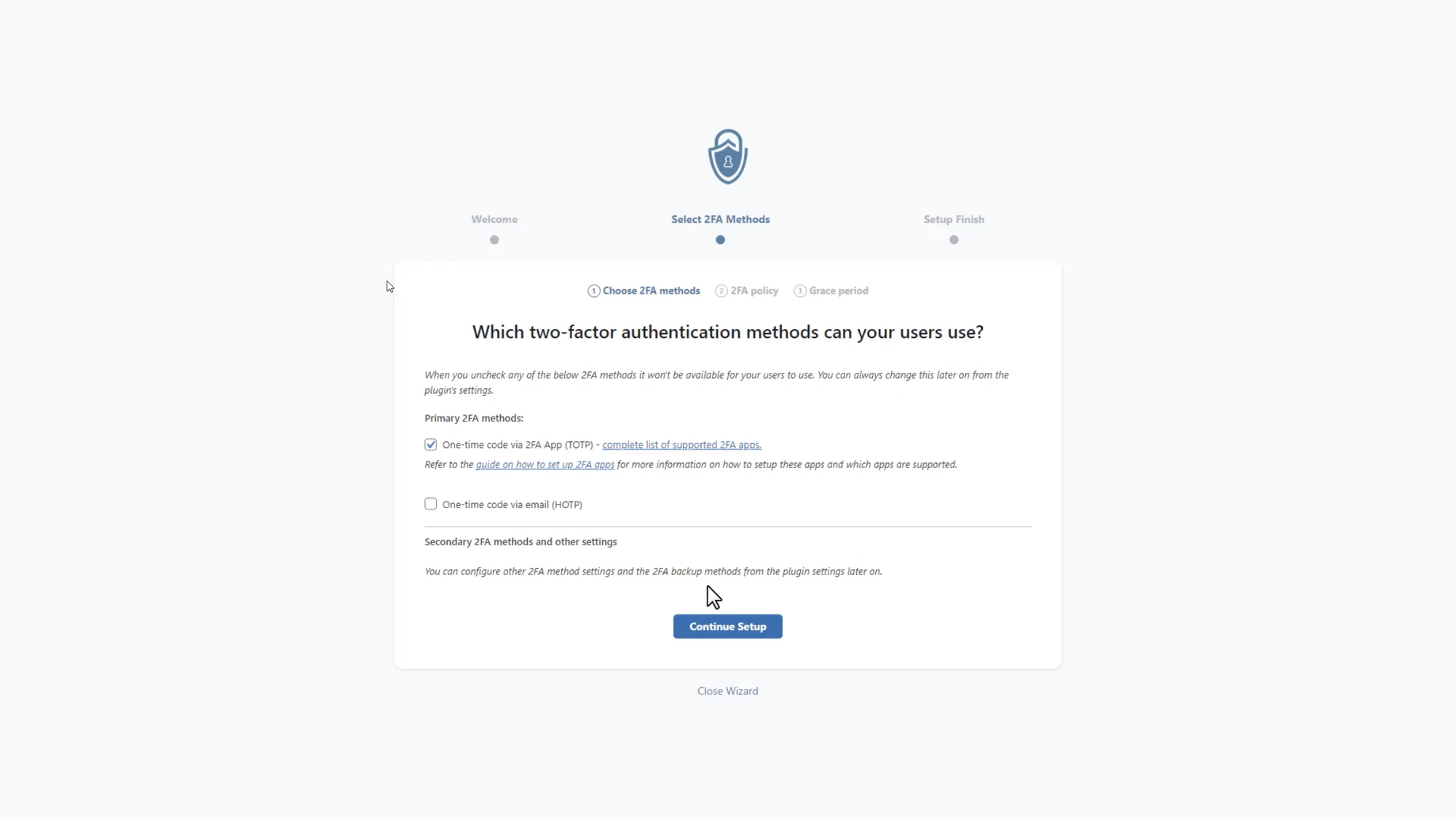 2FA Settings - method selection