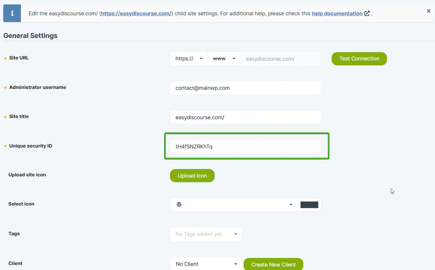 Dashboard Edit Site page showing the Security ID field