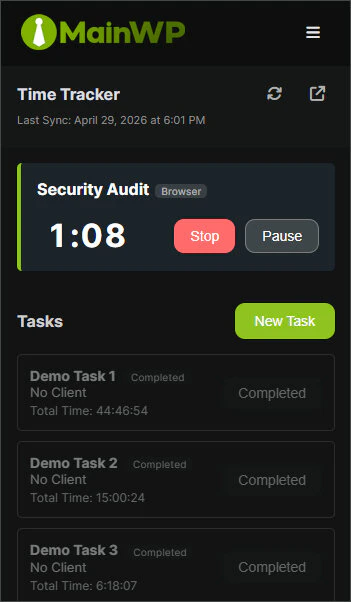 MainWP Browser Extension Time Tracker view with timer controls and paused timers