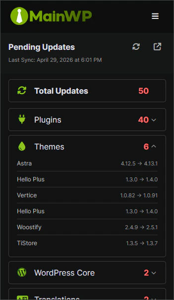 MainWP Browser Extension Updates view showing pending updates and Non-MainWP changes