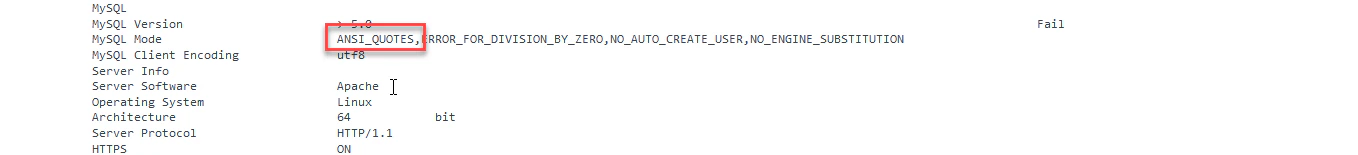 MainWP Server Information page showing MySQL Modes section