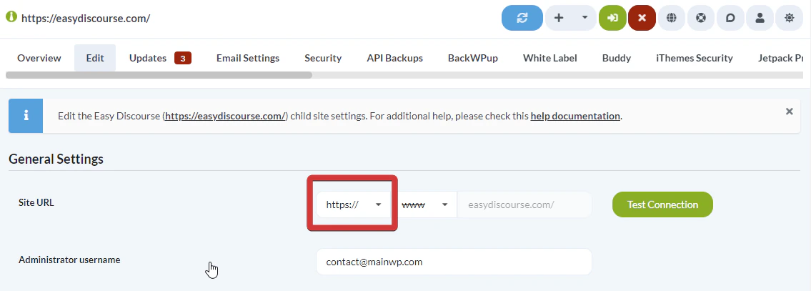 Child Site Edit page showing the HTTPS protocol dropdown selector