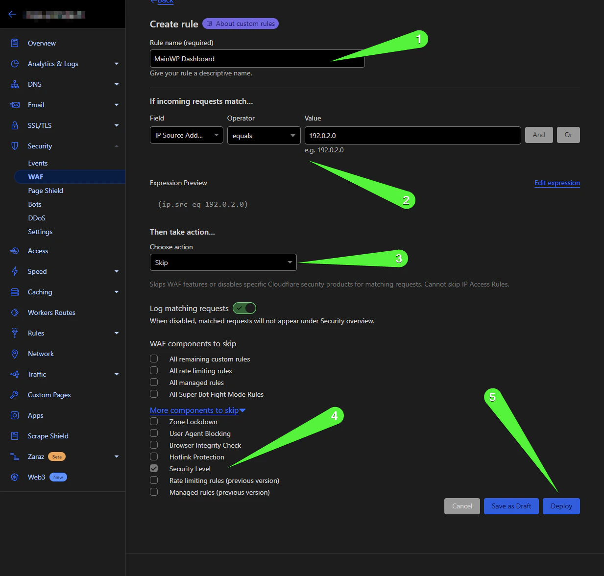 Cloudflare firewall rule configuration with IP Source Address field and Skip action selected