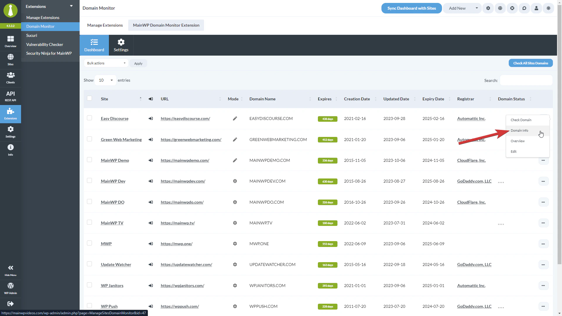 Screenshot of Domain Info action in site Actions Menu