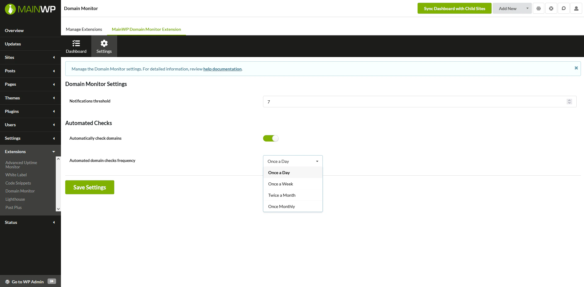 Screenshot of Domain Monitor settings showing notification threshold and automated check options