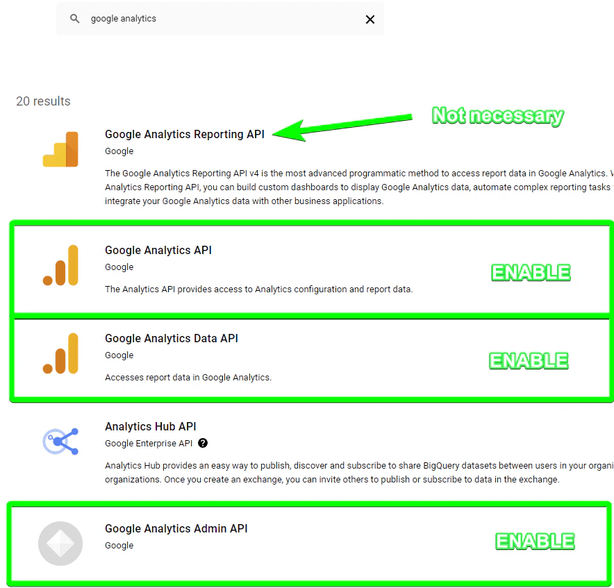 Google Cloud API Library showing required APIs to enable