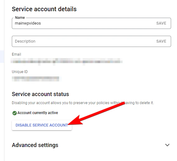 Google Cloud Console showing disabled Service Account status