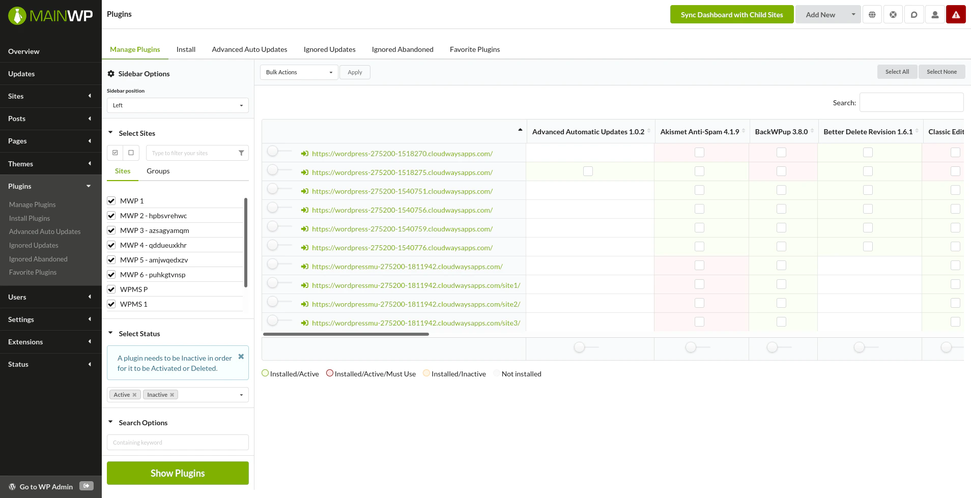 MainWP Dashboard with sidebar positioned on the left