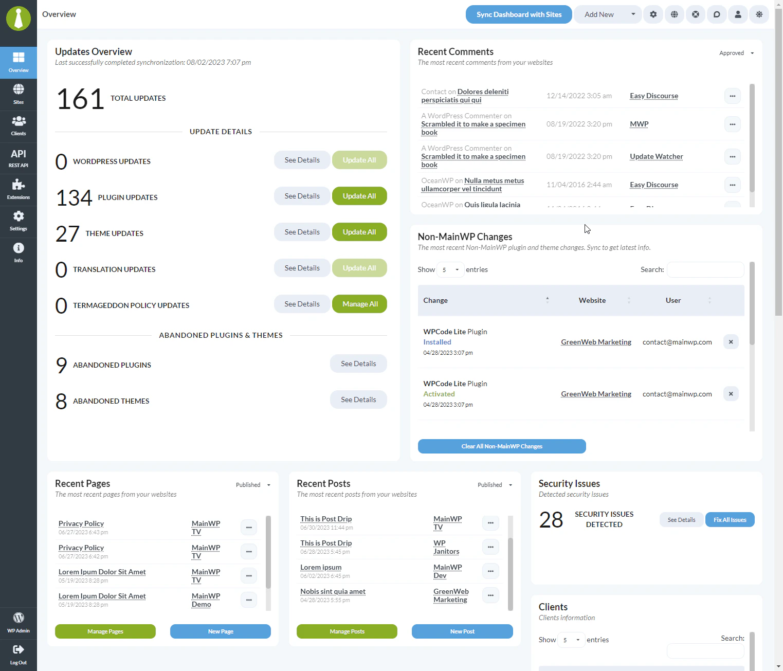 MainWP Dashboard showing flexible resizable widgets