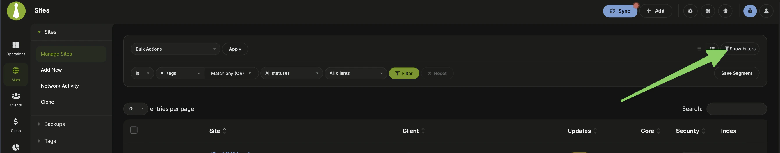 Manage Sites filter options in the top-right area