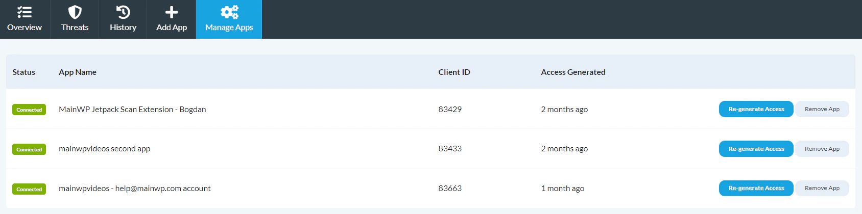 Screenshot of Manage Apps page showing connected apps with action buttons