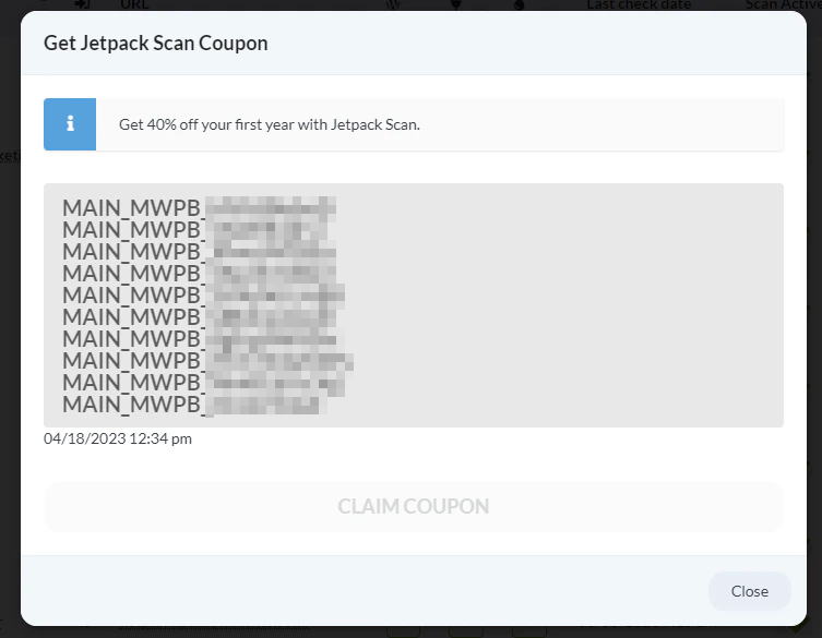 Screenshot showing generated Jetpack Scan discount coupons list
