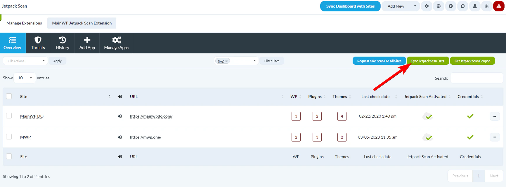 Screenshot highlighting the Sync Jetpack Scan Data button