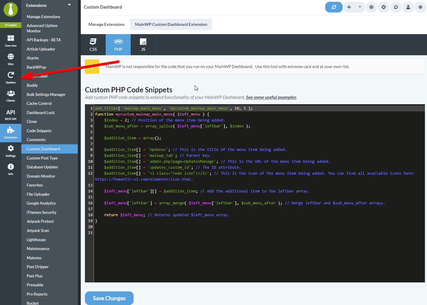 MainWP navigation sidebar showing the new Updates menu entry