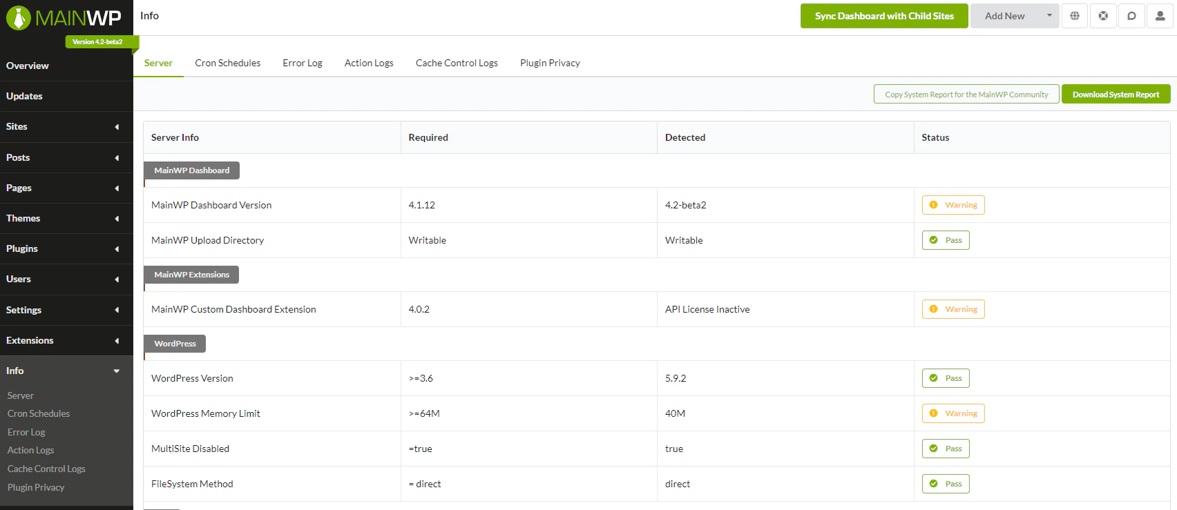MainWP Dashboard with New and Beta labels hidden