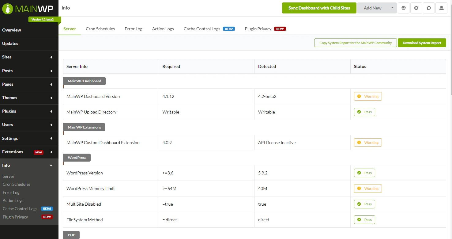 MainWP Dashboard showing New and Beta feature labels