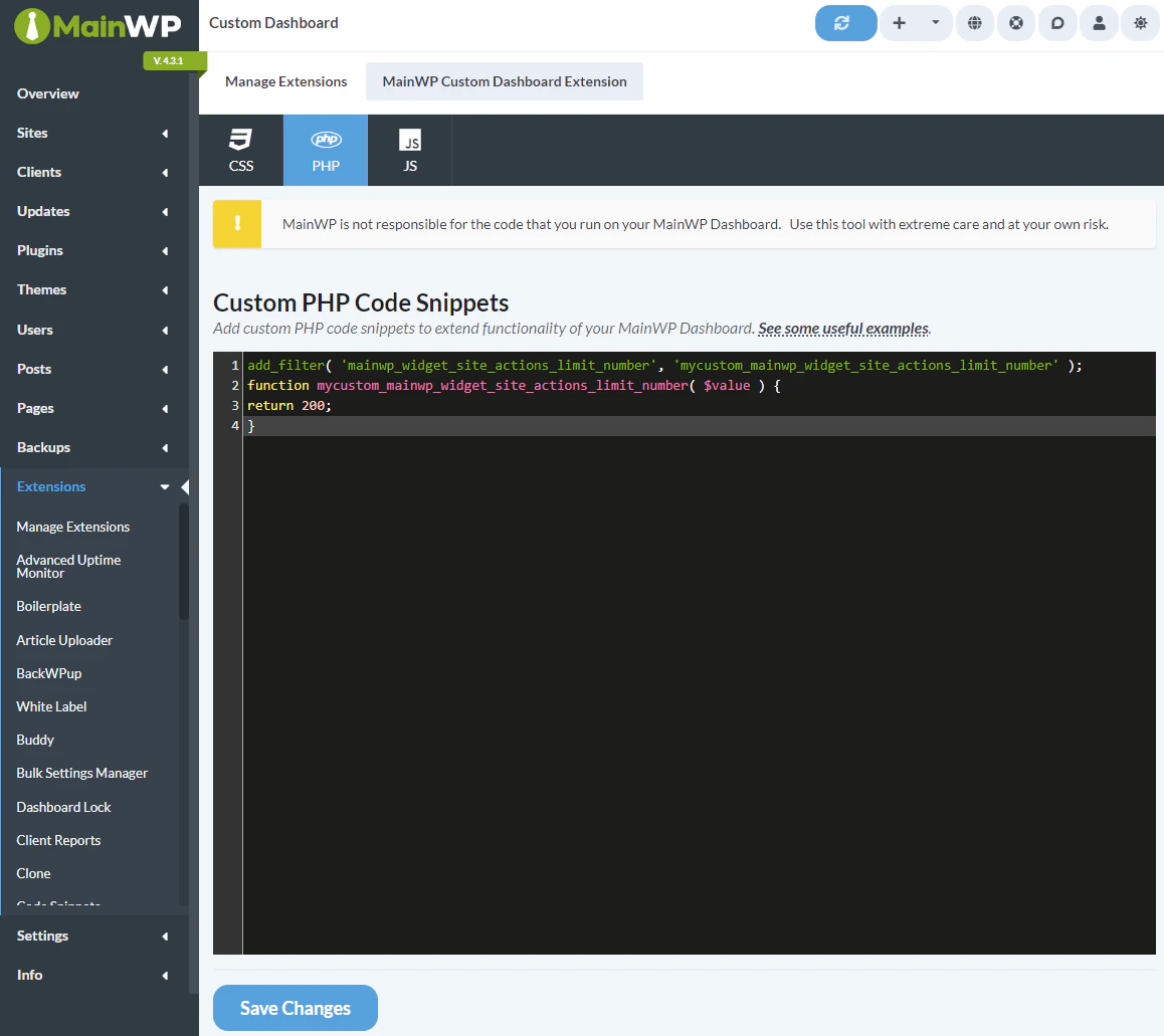 Custom Dashboard extension PHP tab with code snippet