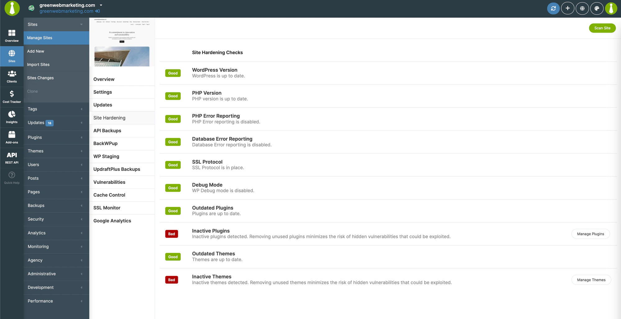 MainWP Site Hardening scan showing check results