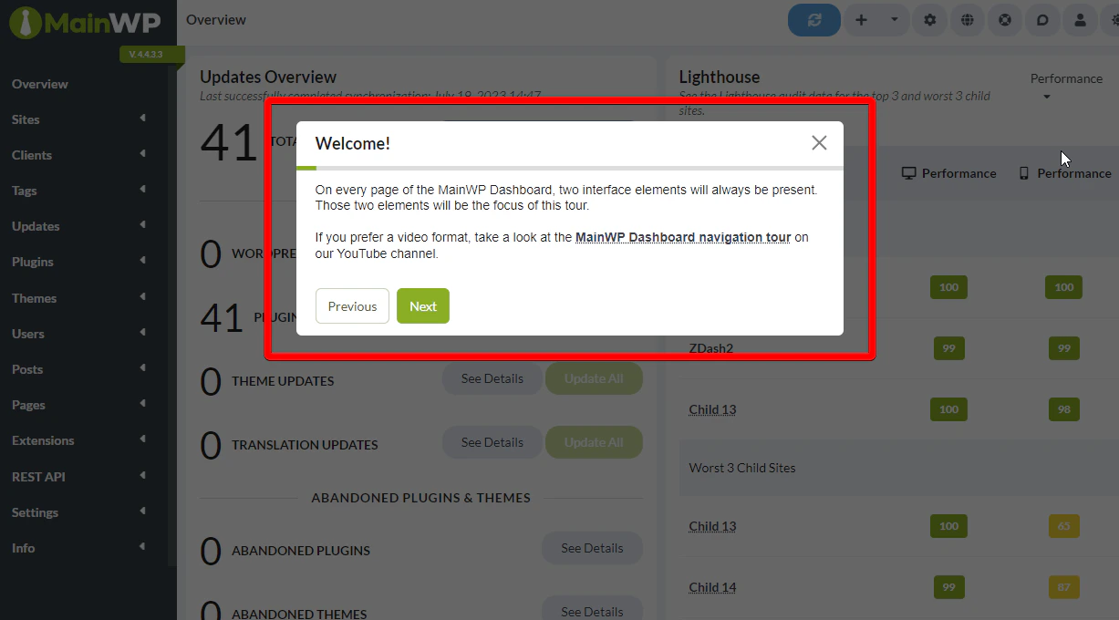 MainWP guided tour popup showing feature information