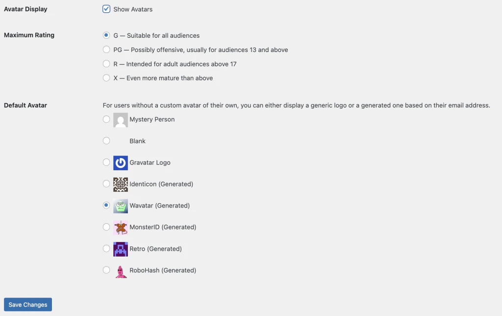 Avatar selection on the WP Admin > Settings > Discussion page.