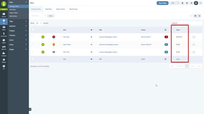 Cost tracker table column