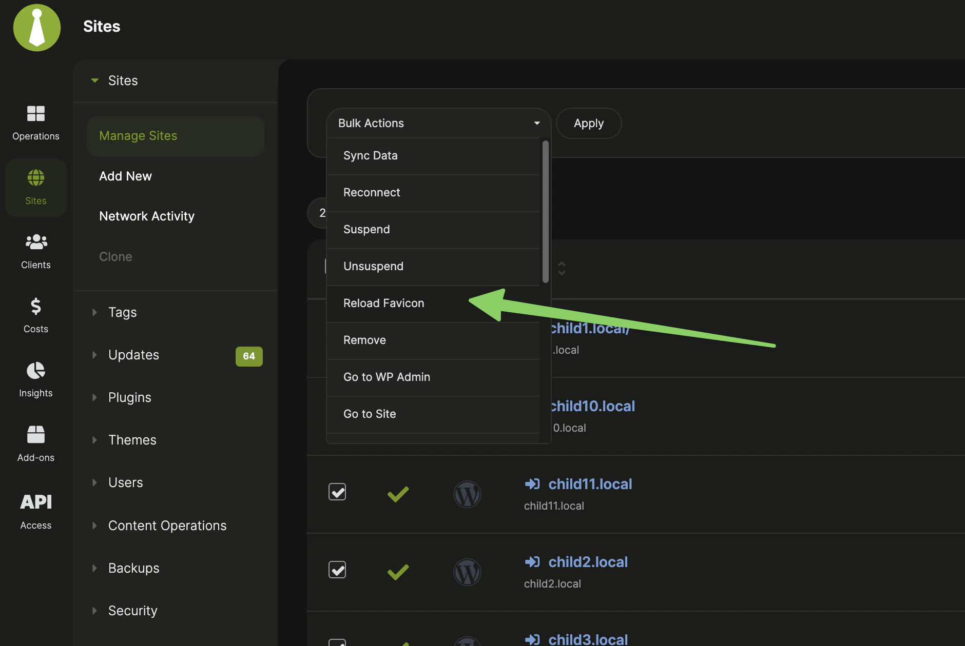 Manage Sites bulk actions menu with Reload Favicon selected